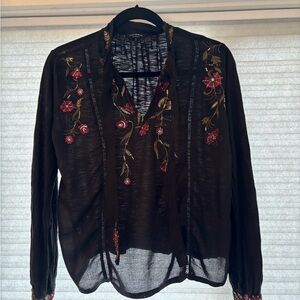Lucky Brand Black Blouse with Floral Embroidery